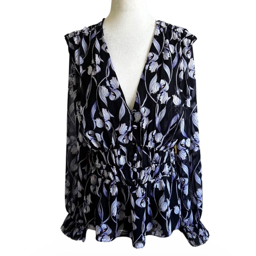 White House Black Market Floral Smocked Waist V-Neck Blouse Size Large | 0195